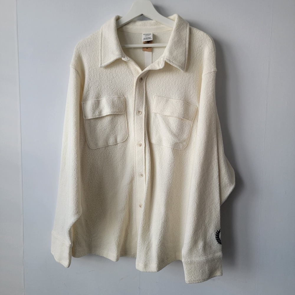 PINK Victoria's Secret women's cream fleece shacket sz L oversized embroidered